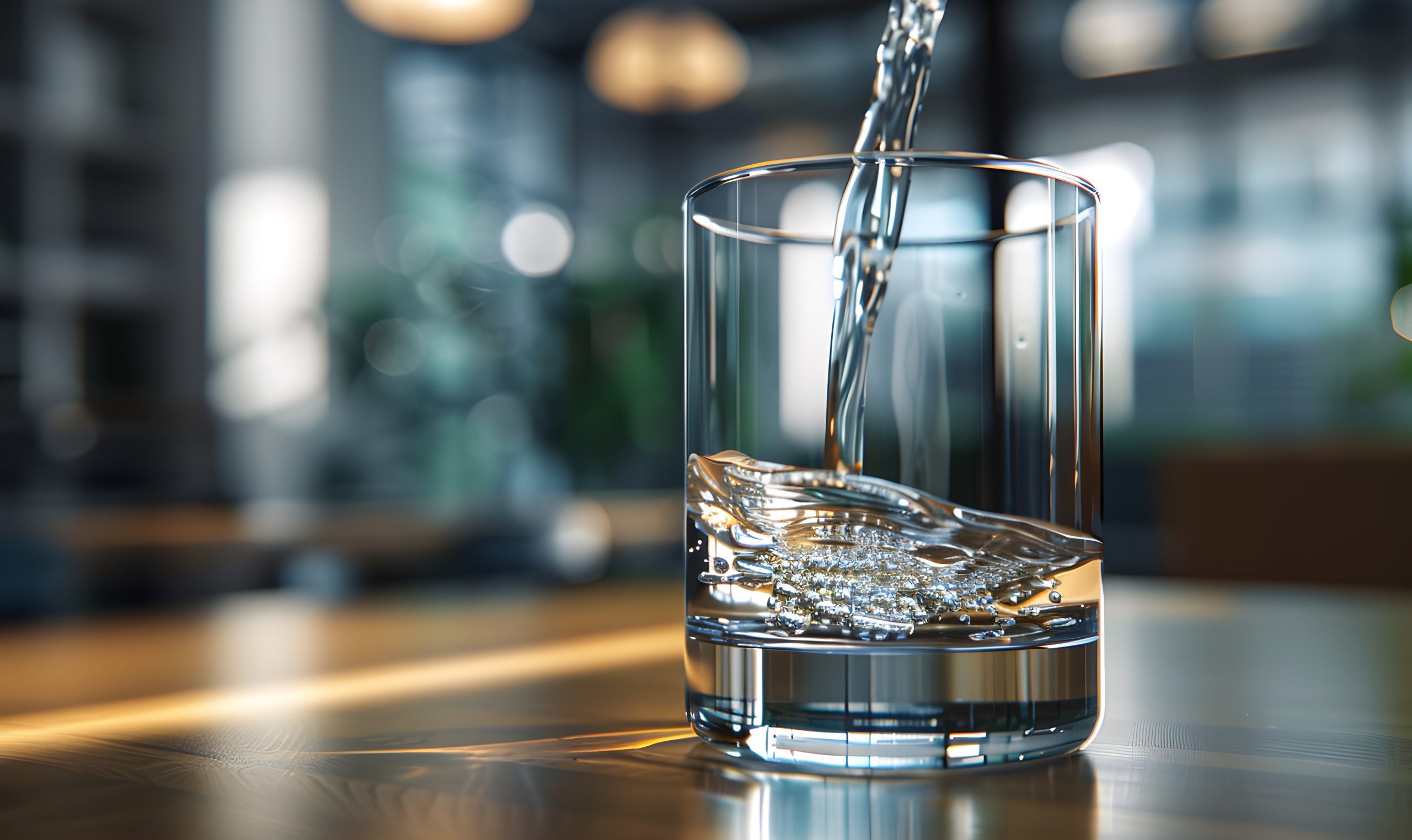 Water being poured into a glass on a table in a modern office